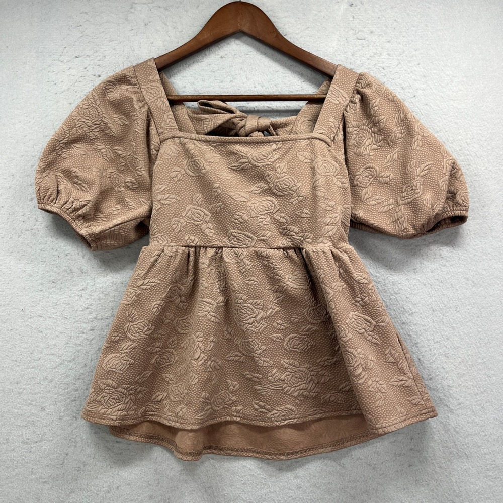 MINE Peplum Top Womens S Tan Floral Jacquard Puff Sleeve Tie Back Romantic Boho